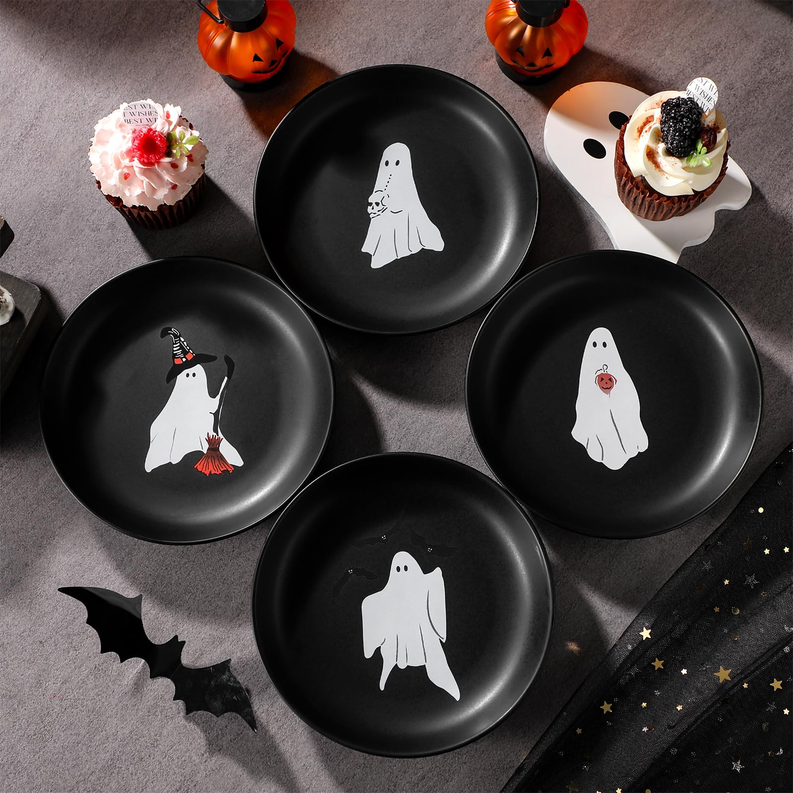Photo 1 of ***Factory seal***

Potchen Pack Halloween ceramic Plates Stoneware Appetizer Ghost Plates Reusable Spooky Round Dinner Dessert Tableware for Serving Table Decor & Gifts Halloween Lovers