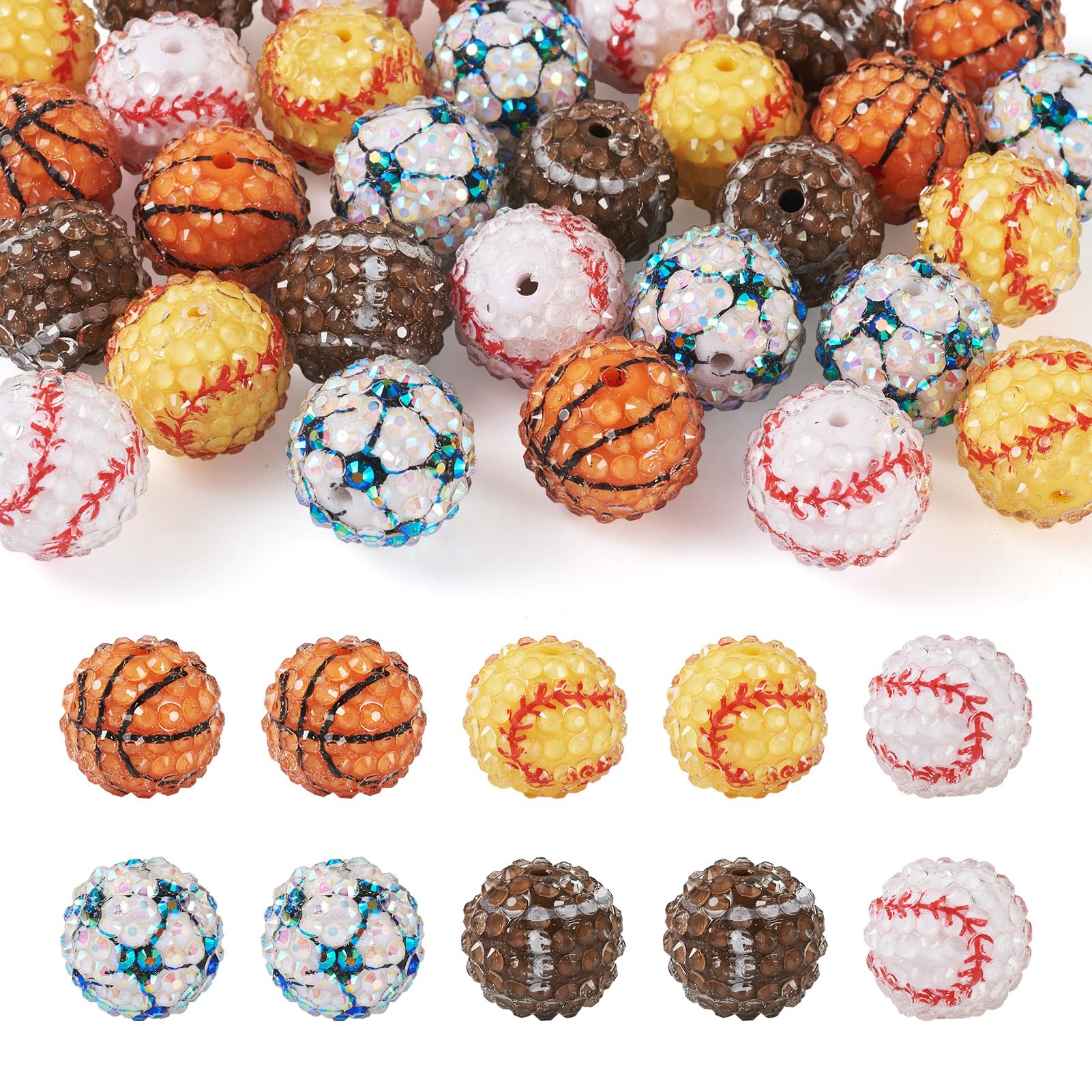 Photo 1 of Pandahall 30Pcs Rhinestone Bead 20mm Bubblegum Beads Cute Basketball Football Gumball Baseball Beads Disco Ball Bead for Pen Keychain Lanyards Necklace Bracelet Jewelry Making