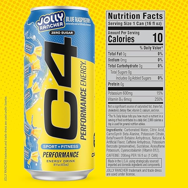 C4 PERFORMANCE ENERGY DRINK, JOLLY RANCHER VARIETY PACK, ZERO SUGAR CARBONATED PREWORKOUT ENERGY, 200MG CAFFEINE WITH BETA ALANINE, 16 FL OZ (12 PACK)