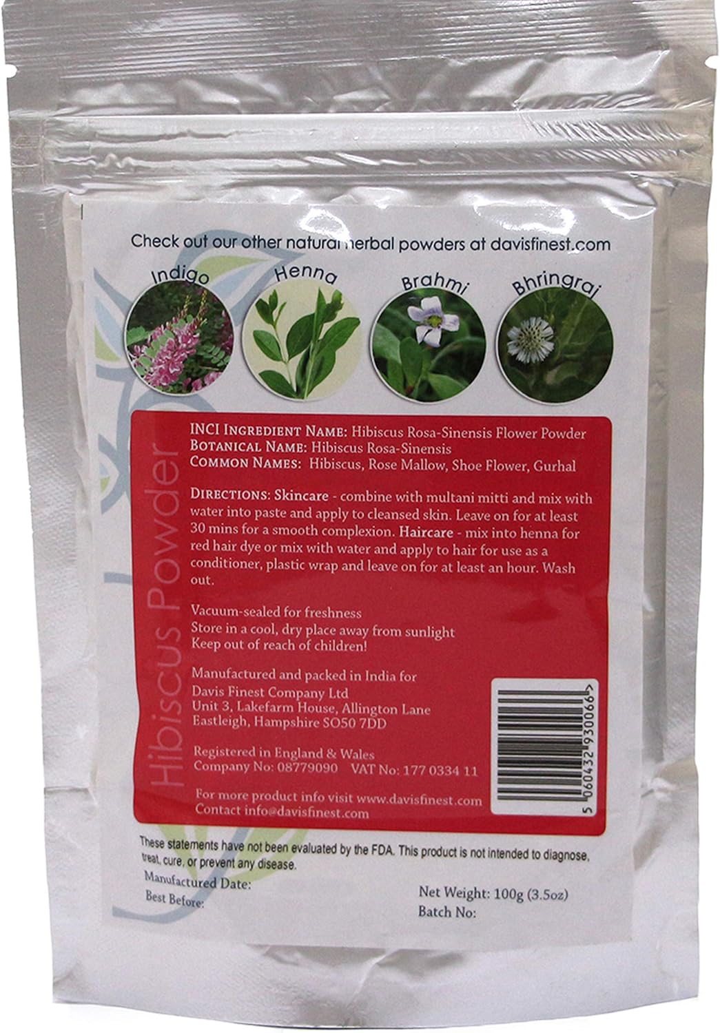 Davis Finest Organic Hibiscus Powder 100g, Hair & Skin, Facial Mask, Face Pack, Hair Growth, Shine & Condition - Image 4