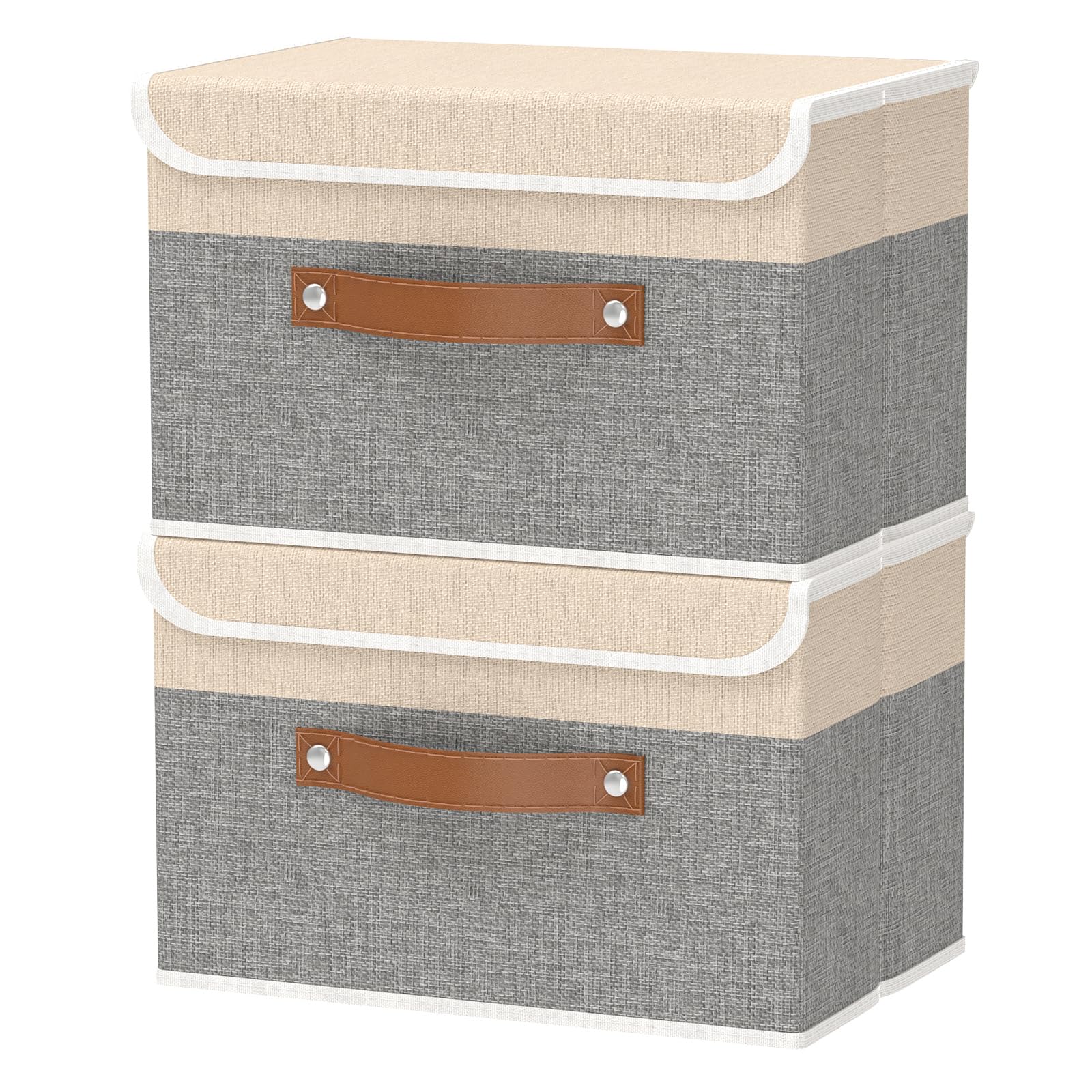 OUTBROS 38x25x25cm Collapsible Storage Box with Lid, Linen Fabric Clothing Shelf Basket Bins Box For Towels, Clothes 38x25x25 cm (Beige/Grey, 2-Pack)