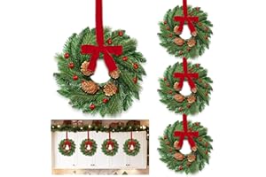 AMENON 4 Pcs Mini Christmas Wreath for Cabinets Kitchen, 12 Inch Small Christmas Wreaths with Lifelike Norfolk Pine Aspen Fir Tips Cones Red Berry Bow Xmas Door Wreath for Front Door Porch Wall Window Indoor