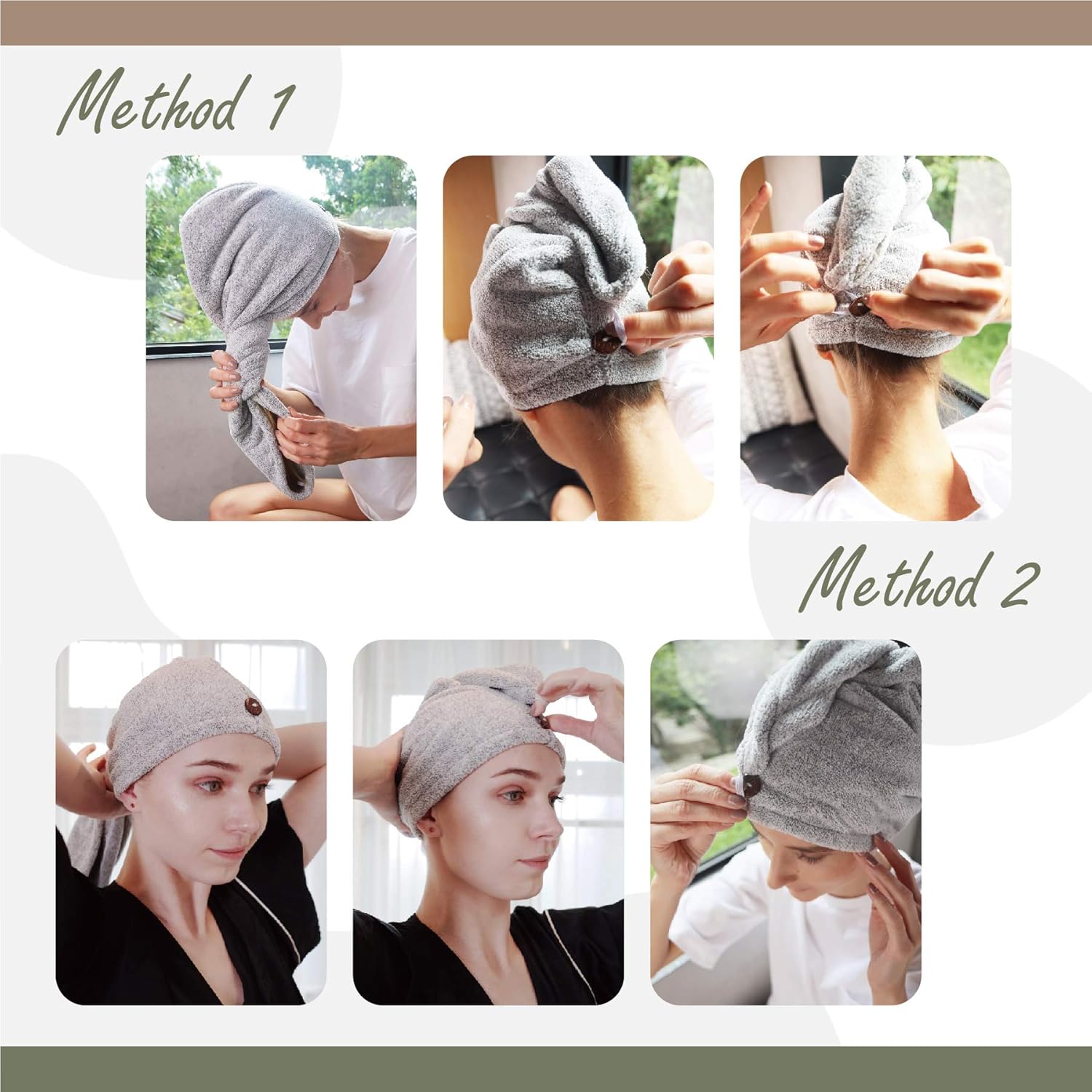 myHomeBody Hair Towel Wrap | Luxury Anti-Frizz Rapid-Dry Hair-Drying Turban | Ultra Soft and Quick Drying Absorbent Bamboo Fiber, with Coconut Shell Button : Beauty