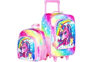 TXHVO 2PCS Kids Luggage, Girls Carry on Suitcase With Wheels and 12" Backpack Set, Unicorn Suitcases for Toddler Children - Pink