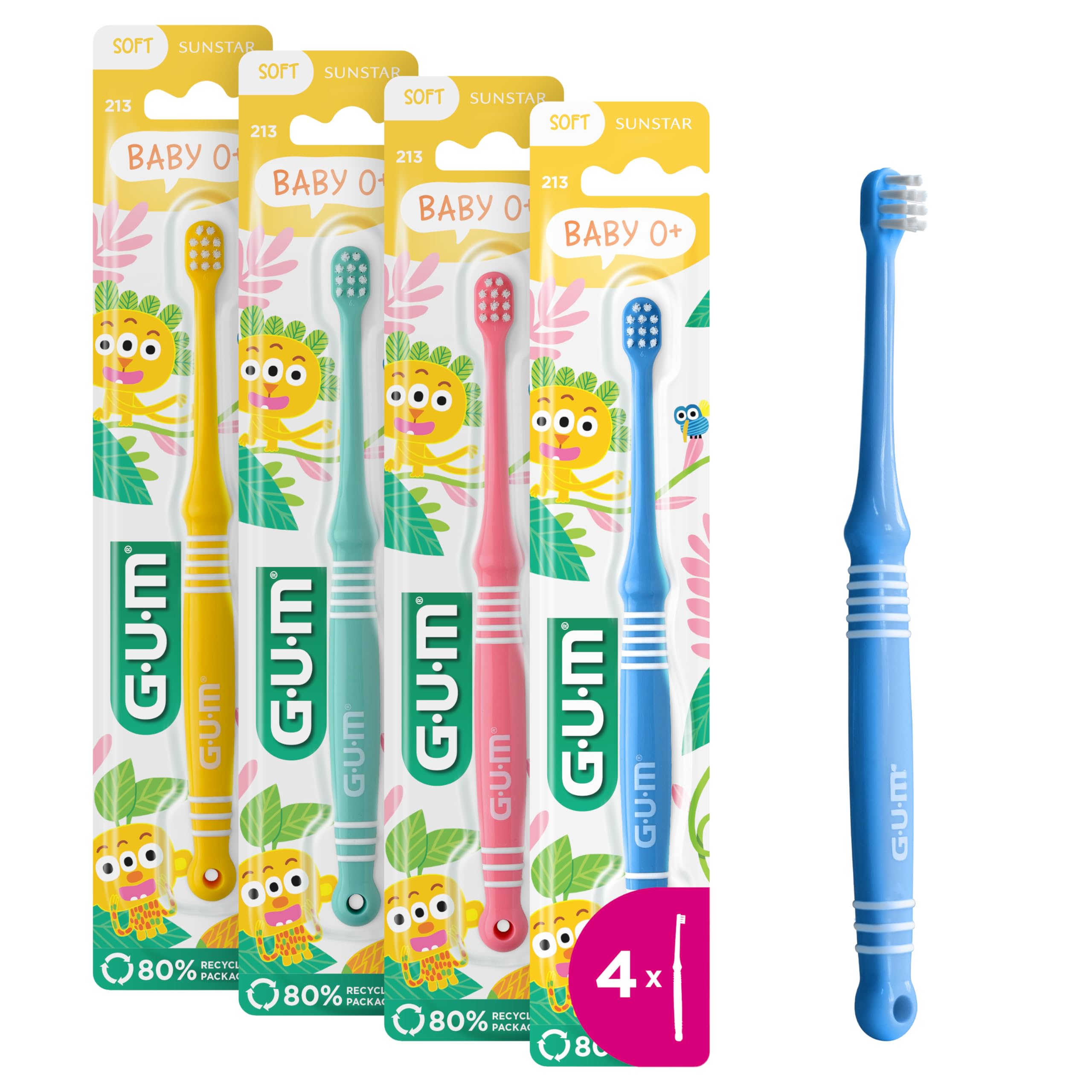 GUM Baby Toothbrush | Extra Small Head for Baby's Mouth | Soft bristles | Longer Handle | for Ages 0-2 | 4 x 1 Pieces