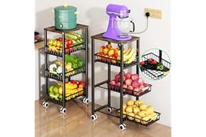 MIYAWELL Fruit Vegetable Storage Basket for Kitchen, 4 Tier Large Pull-Out Metal Wire Baskets with 3 Pack Mats Bottom, Wood Top and Wheels, Vegetable Produce Bins Stand Cart Rack for Onions and Potatoes