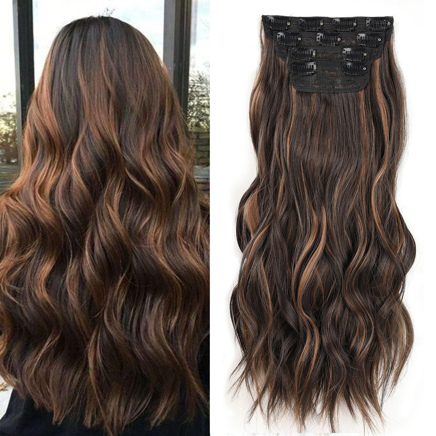 Mscat 20 Inch Golden and Brown Clip in Hair Extensions - 4PCS Full Head Set Thick Curly Wavy Synthetic Hair Pieces for Women Girls (Golden Mixed Brown)