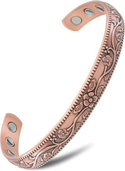 MagnetRX Women's Copper Bracelet Floral Cuff with 10 Magnets 3,500 Gs Adjustable