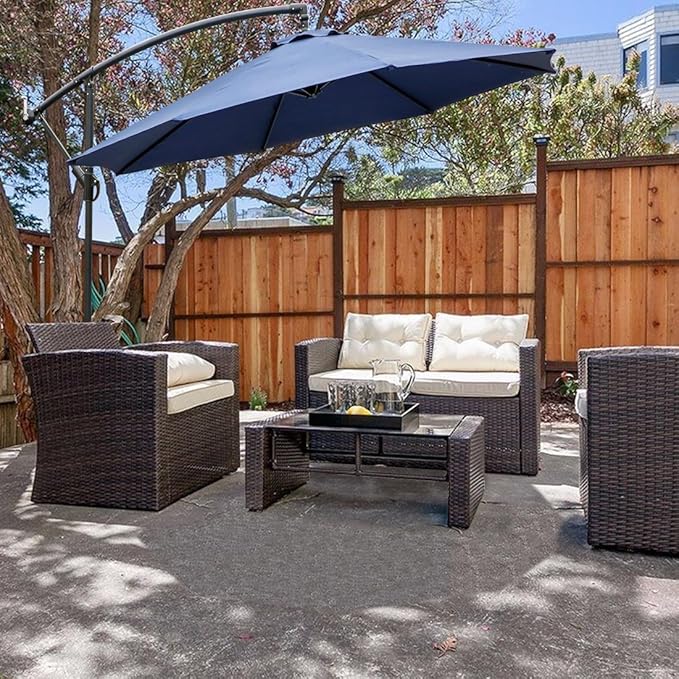 Amazon Com Farland 10 Ft Offset Cantilever Patio Umbrella Outdoor Market Hanging Umbrellas Crank With Cross Base 8 Ribs 10 Ft Dark Blue Garden Outdoor