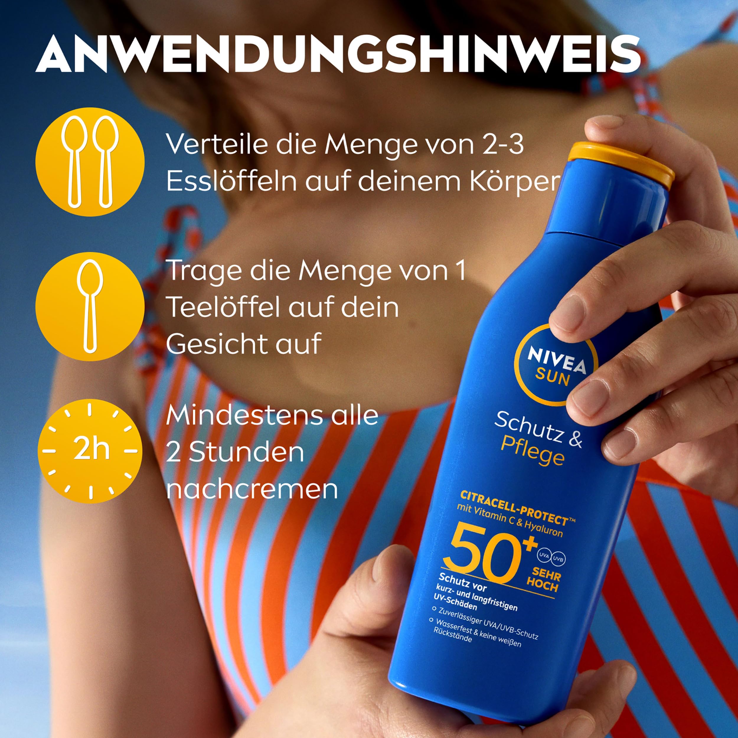 NIVEA SUN Schutz & Pflege Sonnenlotion LSF 50+, wasserfester Sonnenschutz mit Vitamin C & Hyaluron, schnell einziehende Sonnencreme für 48h Feuchtigkeit ohne weiße Rückstände (200 ml) 6