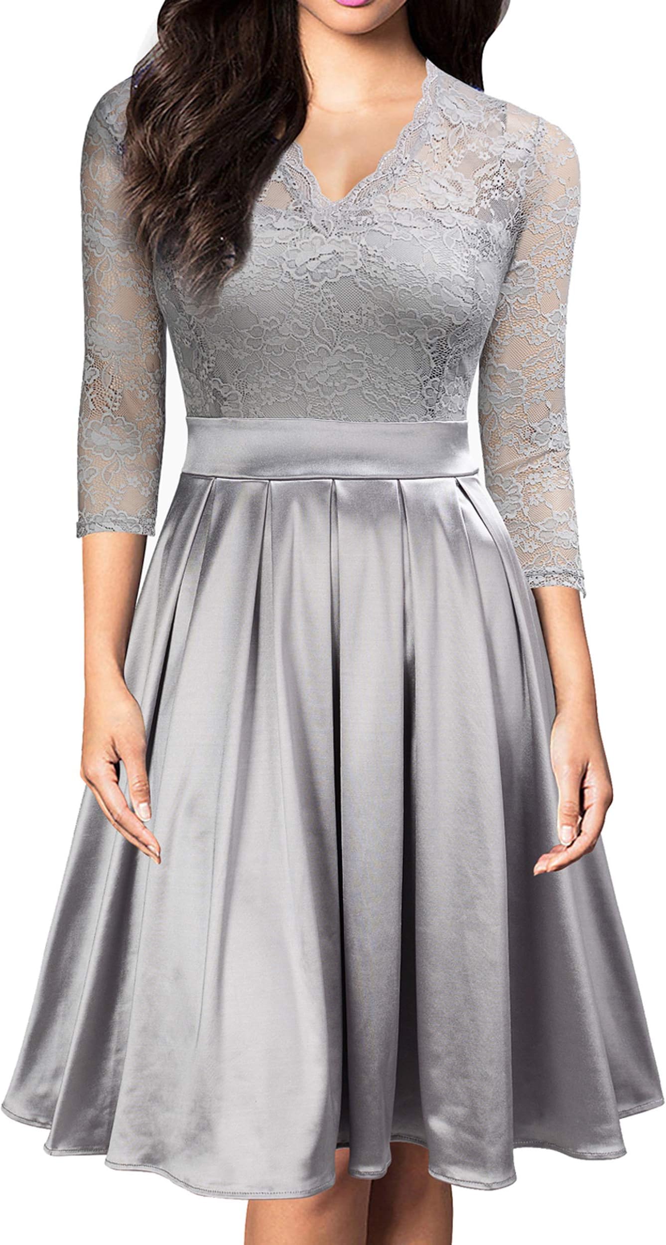 Women Vintage V Neck Floral Lace Cocktail Evening Party Swing Dress