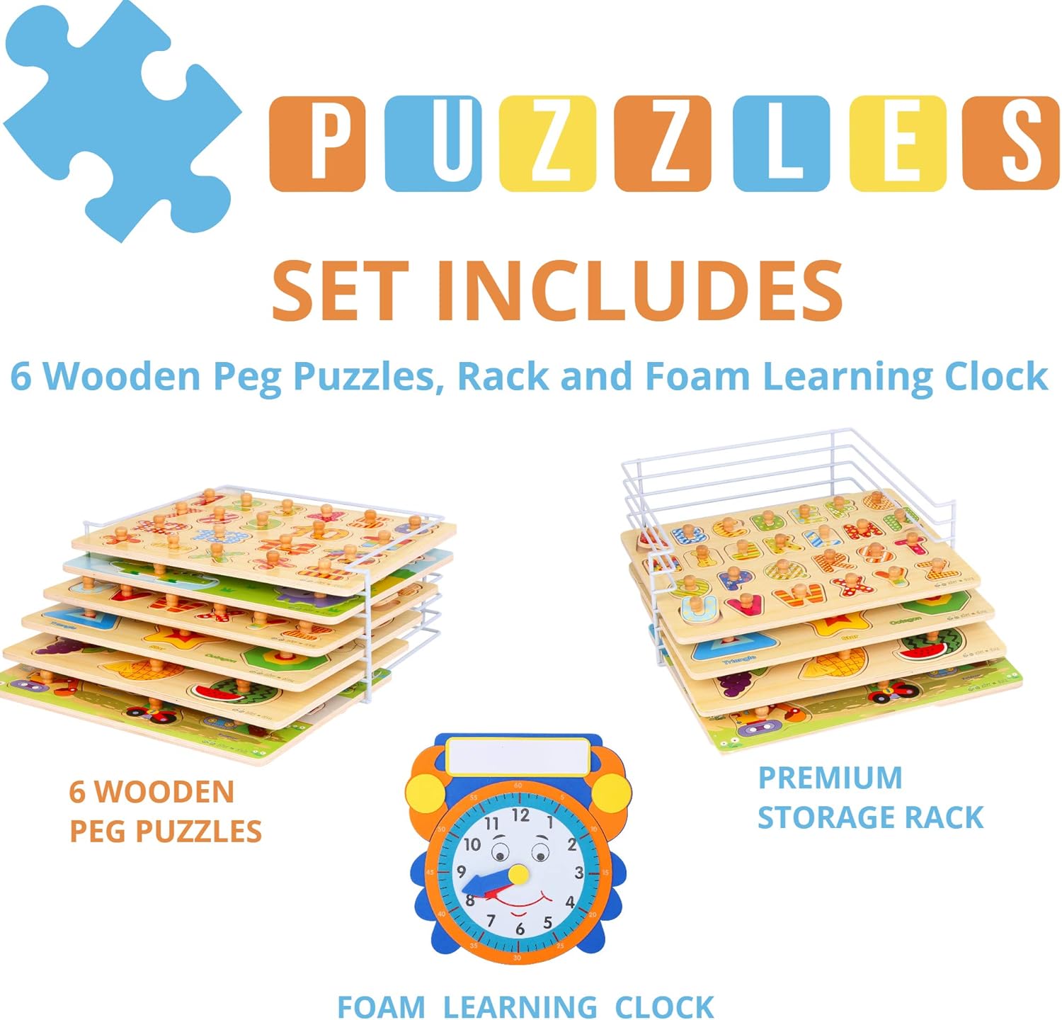 Wooden Toddler Puzzles and Rack Set - (6 Pack) Bundle with Storage Holder Rack and Learning Clock - Kids Educational Preschool Peg Puzzles for Children Babies Boys Girls - Alphabet Numbers Zoo Cars: Toys & Games