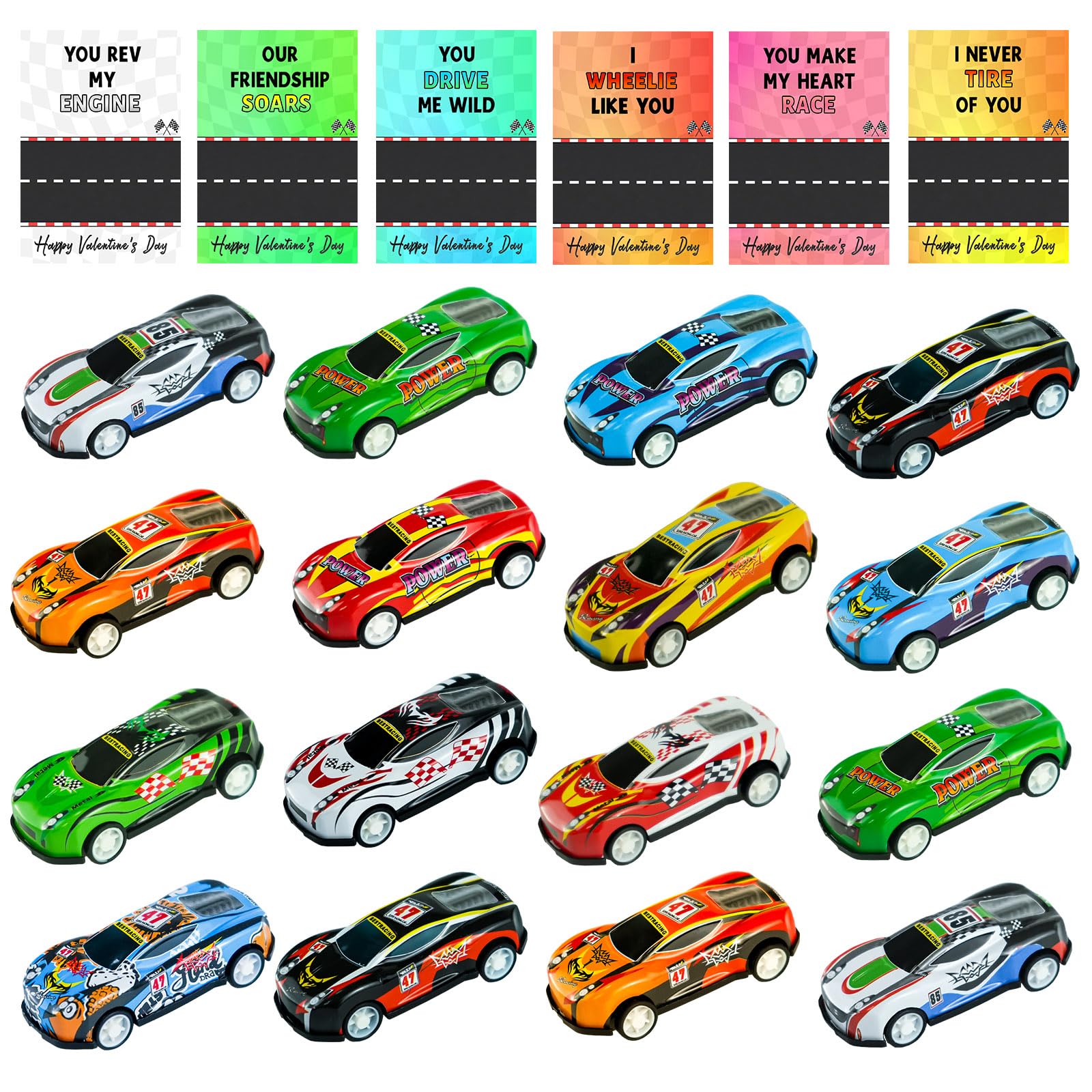 QYESQ Valentines Gifts for Kids - Valentines Day Cards for Kids School, 24 Pack Cars Toys Set for Classroom Prizes, Fidget Toys, Exchange Party Favors Goodie Bags Stuffers for Class Boys Girls