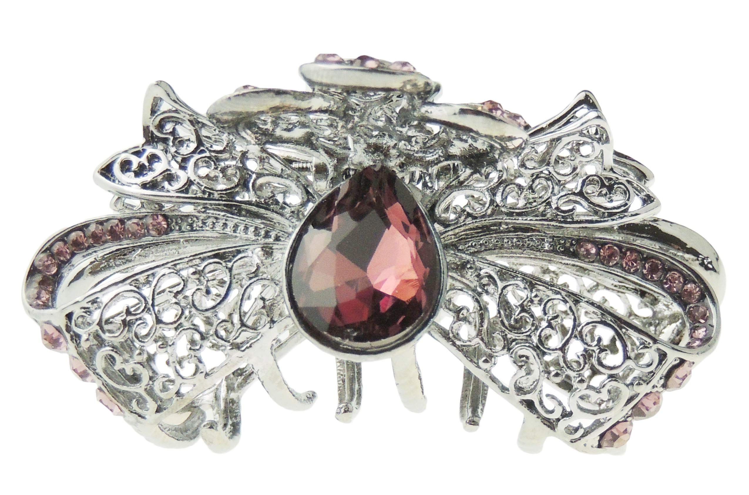 Womens Girls Crystal Rhinestone Diamante Bridal Wedding Guest Party Birthday Hair Accessories Bulldog Crab Octopus Jaw Styling Hair Claw Clamp Clip Small Dark Grey Metal Bow Ribbon (Pink)