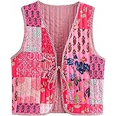 Yimoon Women's Cropped Quilted Vest Floral Printed Puffer Vest Lightweight Sleeveless Tie Front Padded Gilet Outwear