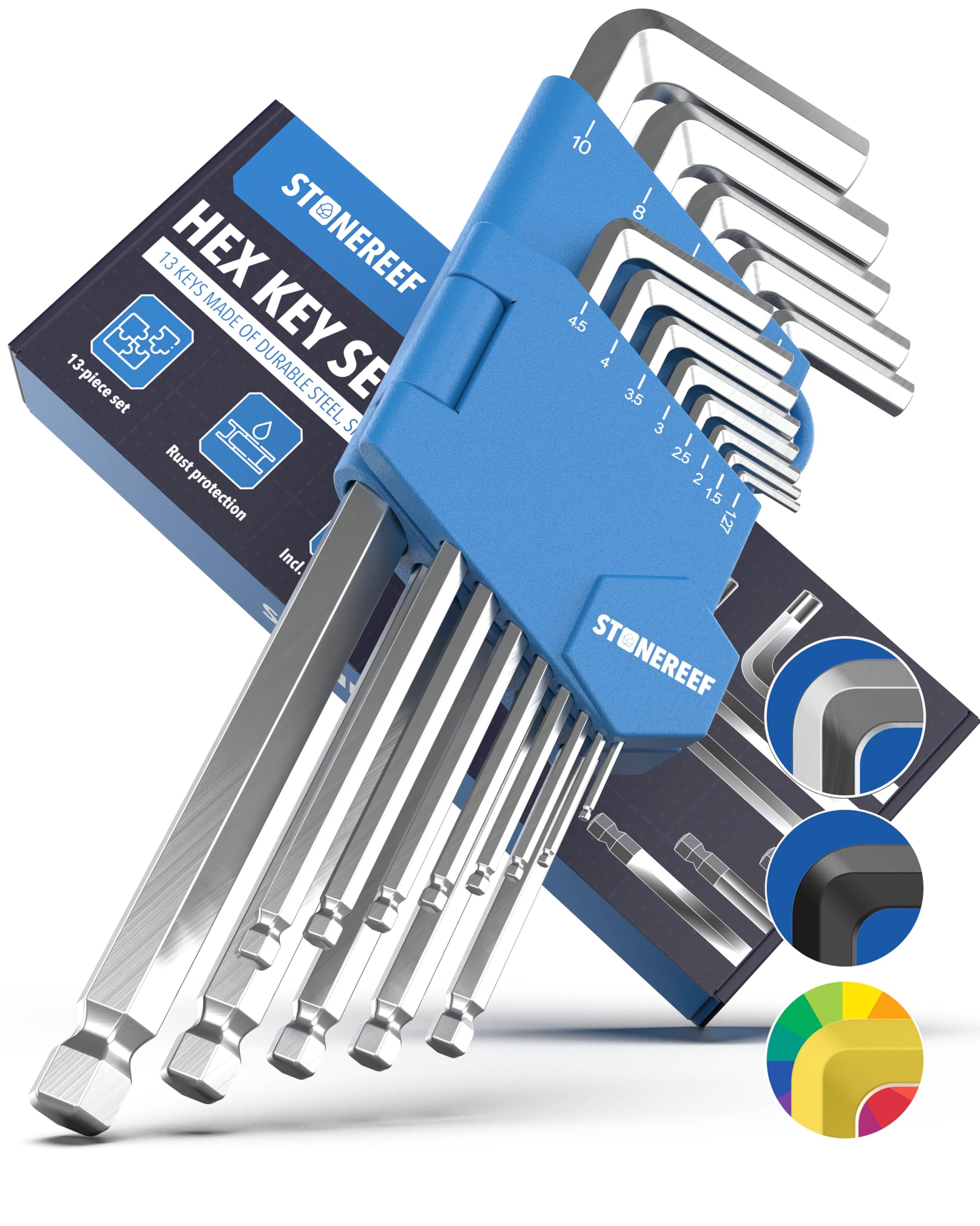 STONE REEF 13-piece Allen Key Set (1.27–10 mm) – Ball-end Angle Key Set, CRV Steel hex Keys, Hand Tool, Toolbox Accessory for Bicycles, Cars, Motorcycles, Professional use for loosening Screws