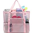Fammart Mesh Beach Bag, Large Beach Tote with Zipper Pocket for Family Pool Bag for Toys & Vacation Essentials