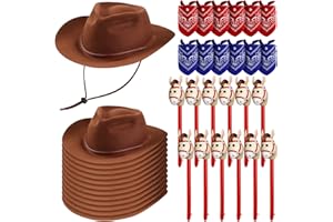 Xtinmee 36 Pcs Cowboy Party Costume Set, Farm Cowboy Hats Paisley Bandanas Inflatable Stick Horses Kids Party Supplies