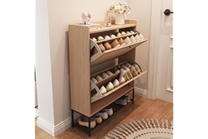 AVZEAR Shoe Cabinet, Shoe Cabinet Freestanding Tipping Bucket Shoe Rack Organizer with 2 Flip Drawers, Modern Entryway Narrow Shoe Rack for Entryway, Hallway, Bedroom (Natural), H39AFS