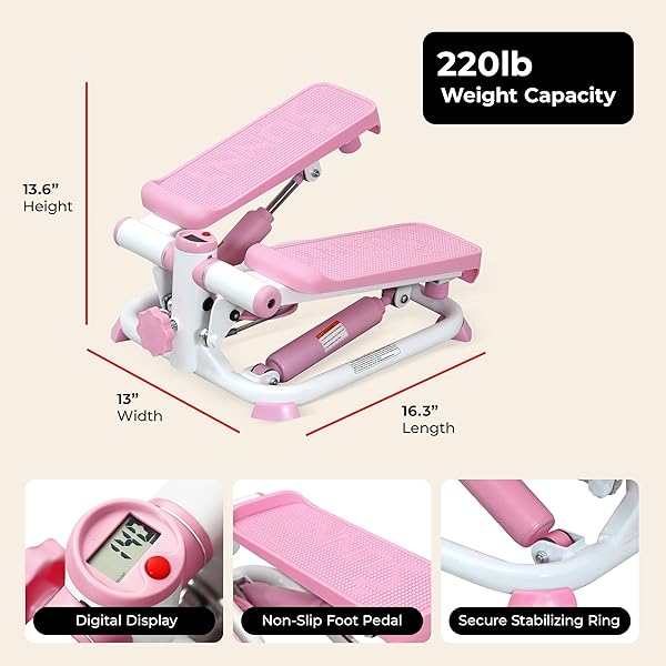 SUNNY HEALTH & FITNESS MINI STEPPER, COMPACT HOME WORKOUT EQUIPMENT FOR LEGS & GLUTES, LOW-IMPACT CARDIO MACHINE WITH DIGITAL MONITOR, QUIET HYDRAULIC RESISTANCE, PINK