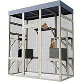 70" Large Outdoor Catio Cat Enclosure, Wood Cat Patio with Waterproof UV-Resistant Roof, Cats Shelter with 5 Platforms and 2 Resting Box, and Secure Rust-Proof Wire for Backyard or Patio