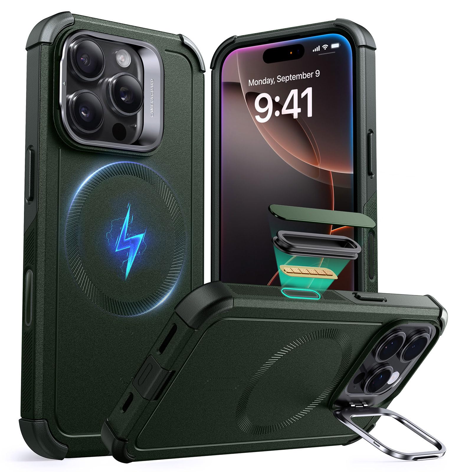Photo 1 of ESR for iPhone 16 Pro Max Case with Stand, 23 ft Military-Grade Drop Protection, Heavy Duty Magnetic Phone Case, Compatible with MagSafe Accessories, Cyber Series, Army Green