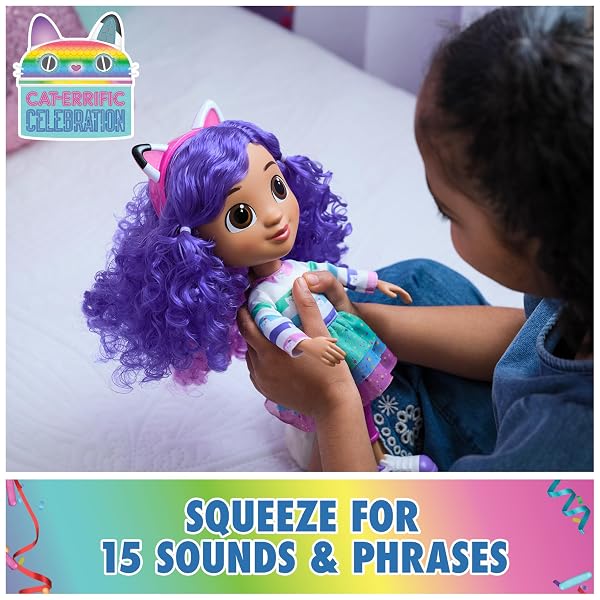 GABBY’S DOLLHOUSE DREAMWORKS, SING & CELEBRATE GABBY GIRL DOLL, 13-INCHES TALL WITH SOUND EFFECTS & REVERSIBLE CAT EARS, KIDS TOYS FOR GIRLS & BOYS AGES 3+