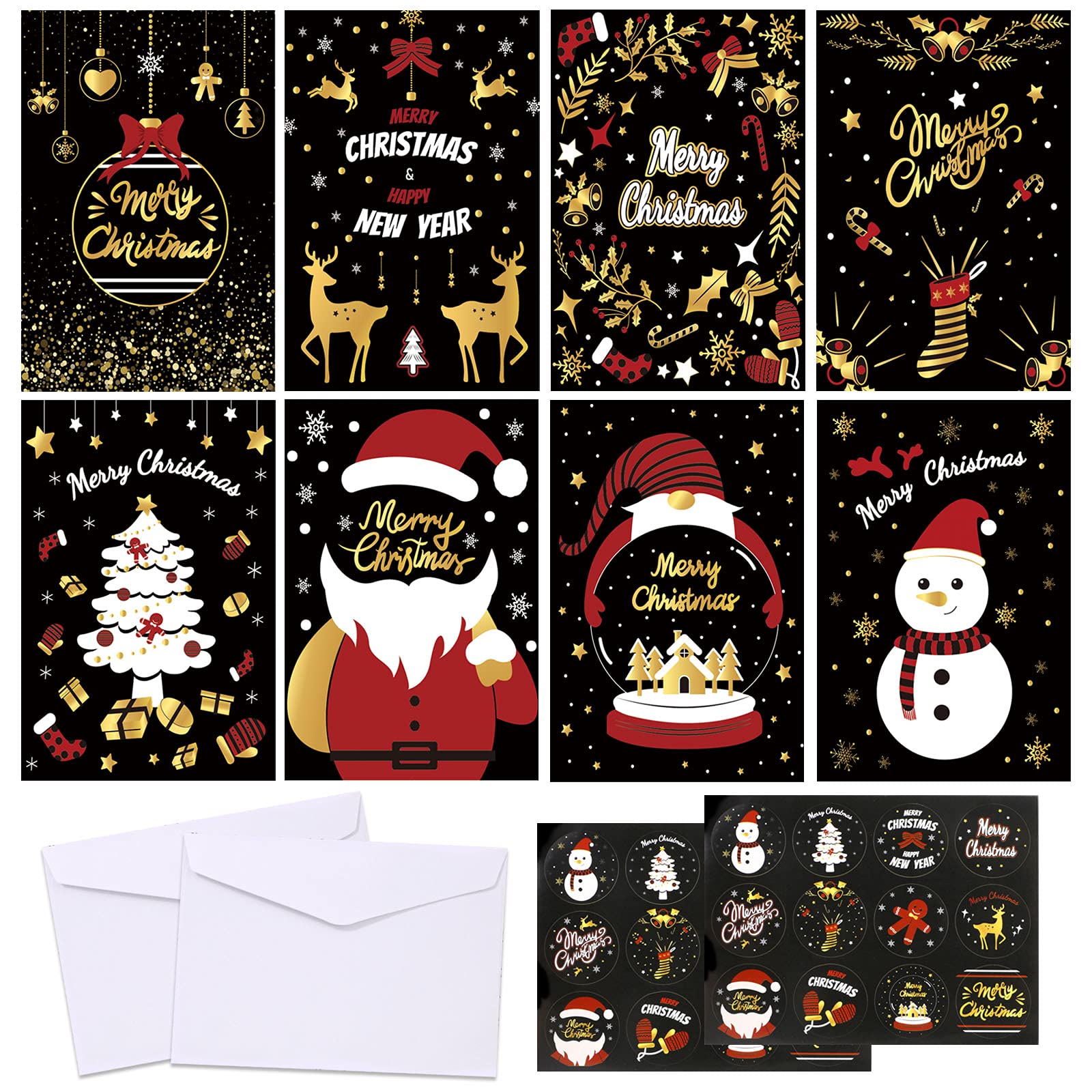 HOWAF Christmas Cards Pack of 32, Red Black Gold Christmas Cards 2025 Charity Xmas Cards with Envelopes for Winter Holidays, Christmas Greetings, New Year, 8 Designs, 150 x 100mm card size
