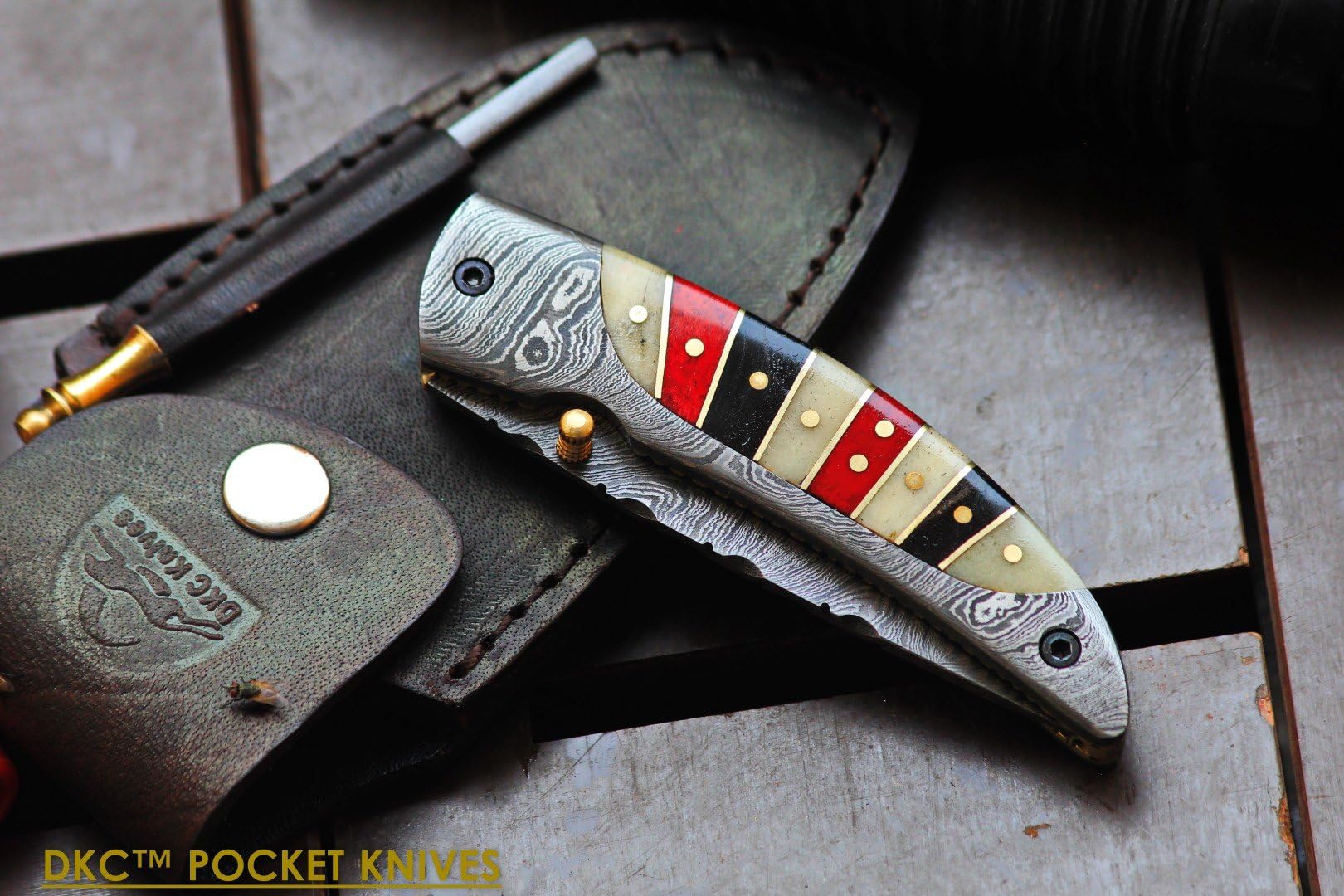 (14 5/18) DKC-160 RED Herring Damascus Folding Pocket Knife 4.5" Folded 8" Open 8.2 oz 3.5" Blade (Damascus)