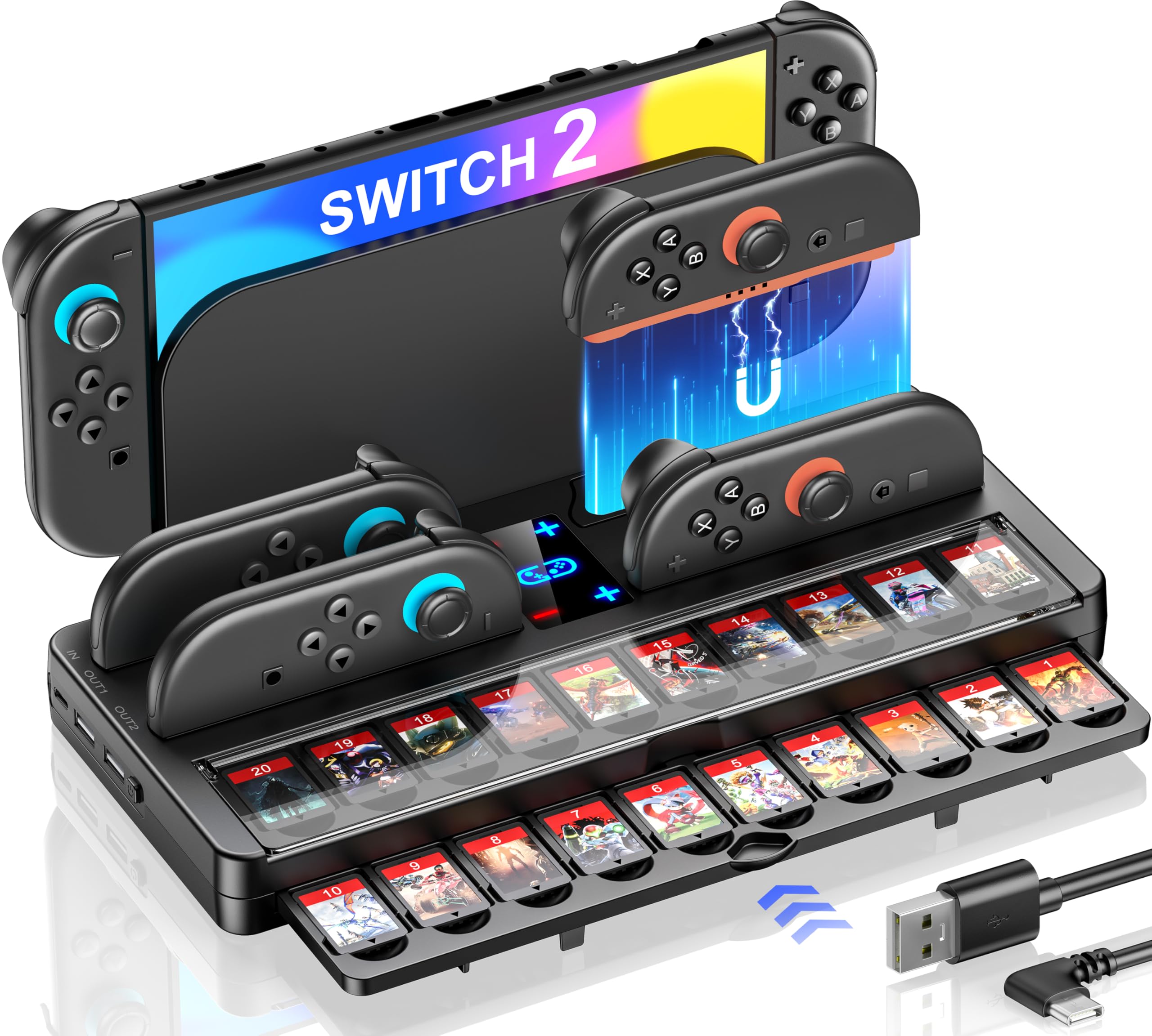 Switch 2 Charging Dock Station & Organizer Station for Nintendo Switch 2, 4-In-1 Charging Dock Base Station for Switch 2 Joycons with Indicator，Switch 2 Accessories Kit Storage with 20 Game Slots