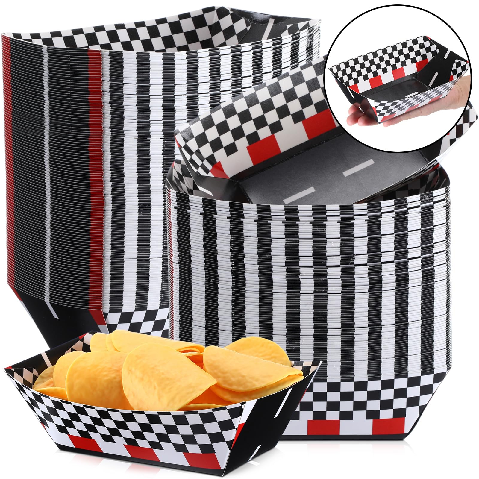 Photo 1 of Havawish 100 Pcs Racing Paper Food Trays Checkered Nacho Trays Disposable Racing Party Food Boat Black and White Plaid Food Serving Tray for Racing Theme Party Birthday Baby Shower Popcorn Snack