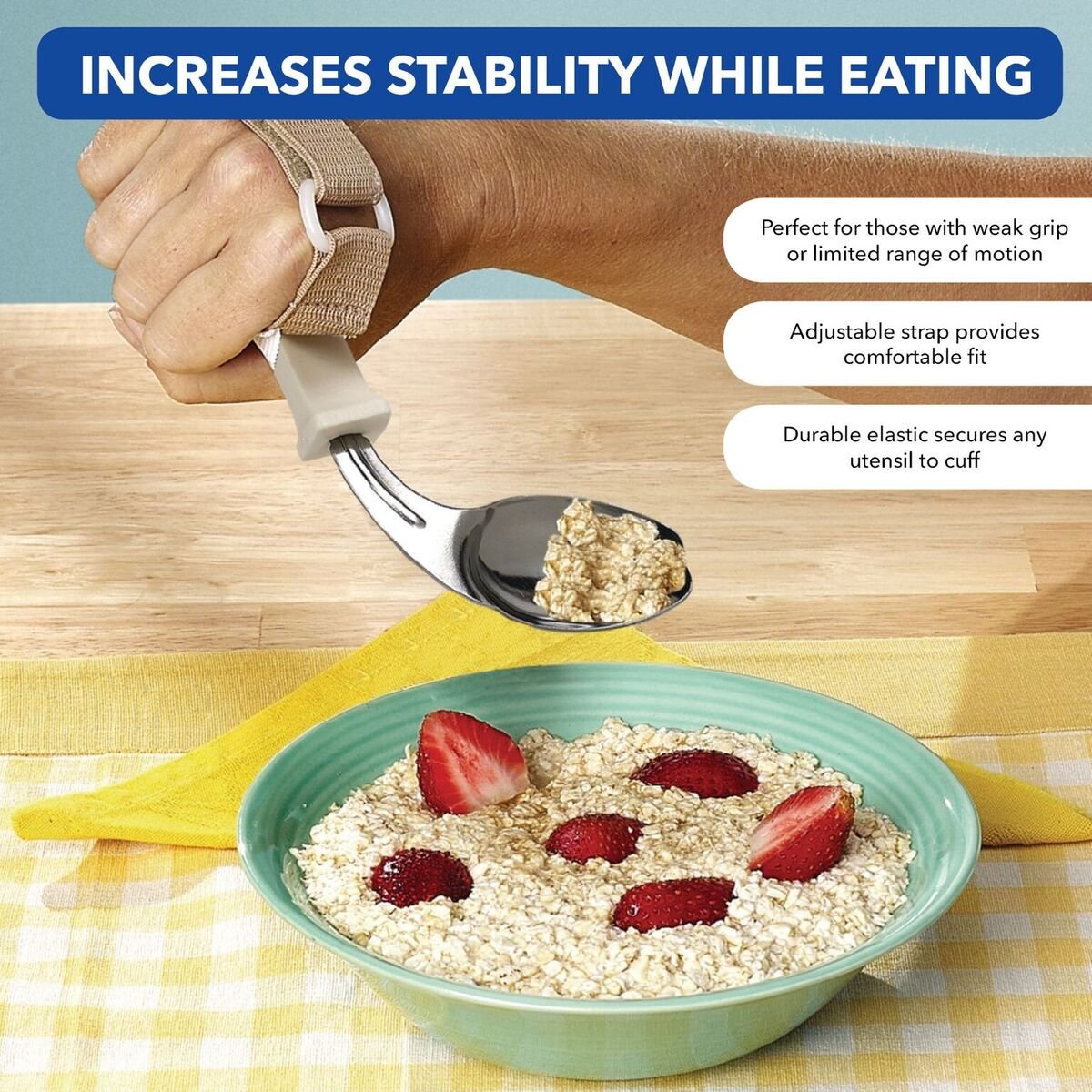 Sammons Preston Utensil Holder with Elastic Opening, Large, Fits All Types of Utensils, Adjustable Hand Strap with Velcro Hook & Loop & D-Ring, Cotton Webbing, Adaptive Eating Aid for Self-Feeding: Industrial & Scientific