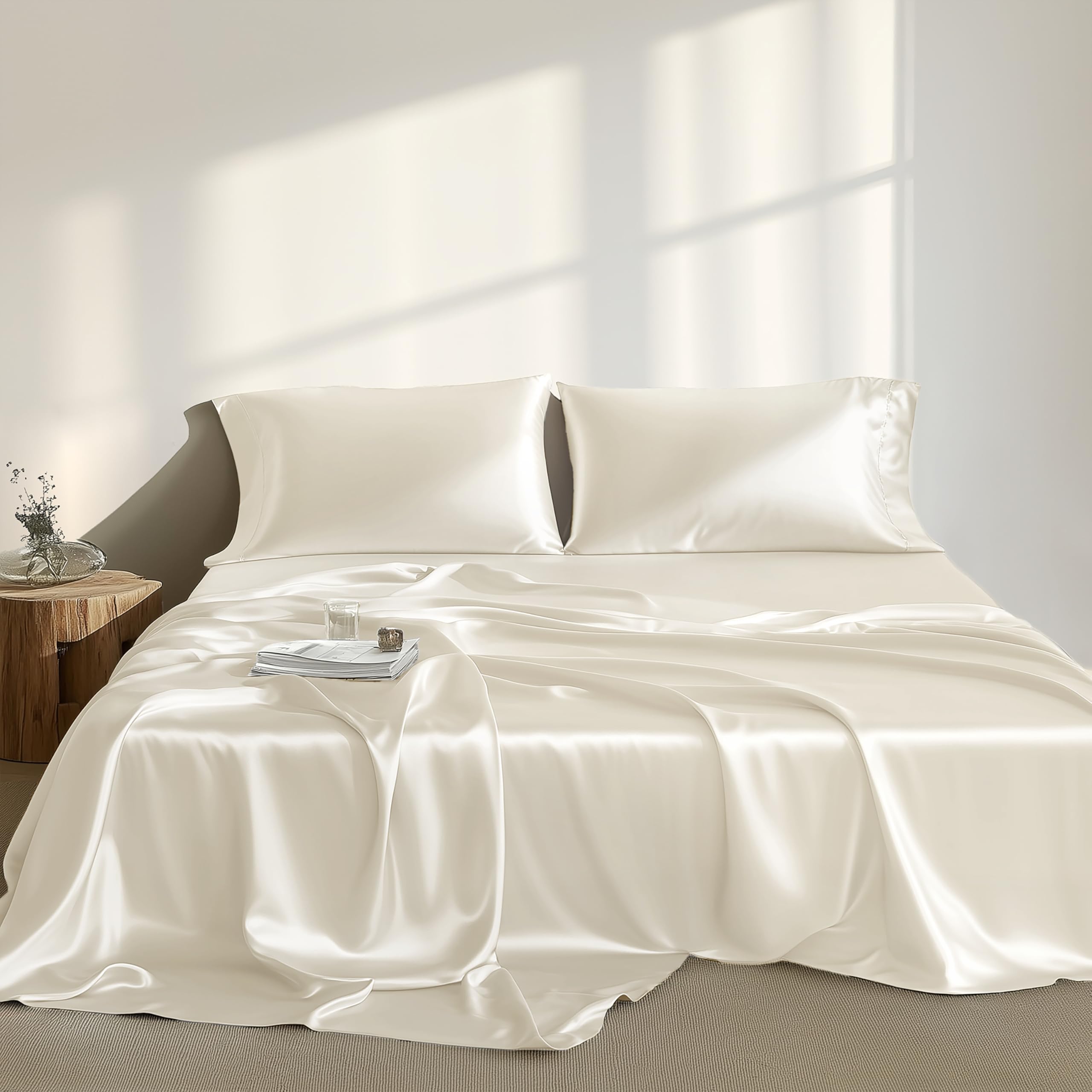 Madison Park Essentials Satin Sheets Queen Size, Luxurious Silky Satin Bed Sheets, Elastic 14" Pocket fits up to 16" Mattress, Wrinkle-Free, Soft Satin Bed Sheet Set, Ivory 6 Piece