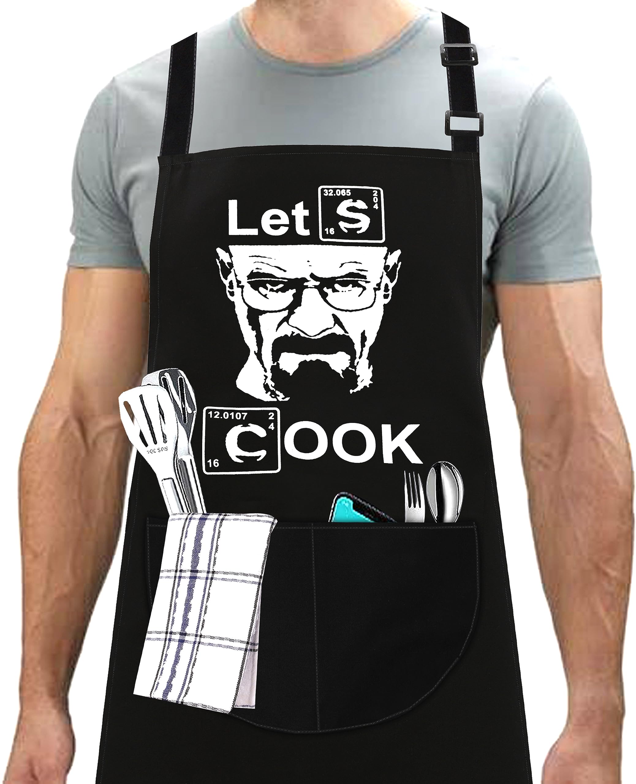 LINEN CLOSET® Funny Bbq Aprons for Men Rude Kitchen Chef Aprons Christmas Bbq Grilling Gifts for Dad Son Father Husband with 2 Pockets- Lets Cook Apron