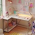 Bestier Gaming Desk with Power Outlets, 42" L-Shaped Gaming Desk with LED Lights, Desks with Reversible Storage Shelves & Hooks for Small Spaces, Bedrooms & Offices,White Carbon Fiber