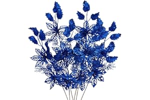 DILATATA 6 Pcs Christmas Tree Picks 25 Inch Glitter Christmas Flowers Poinsettia Glitter Christmas Picks Sprays with Flowers Holly Leaves Pine Needles for Xmas Tree Ornaments Fireplace Wreath - Royal Blue