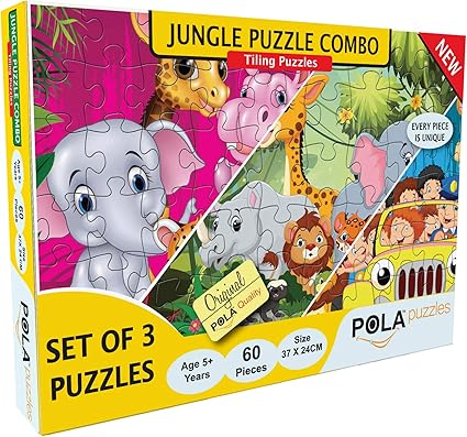 Pola Puzzles Jungle Puzzle Combo 3 in 1 Gift Pack 60 Pieces Tiling Puzzles ( Educational Learning Jigsaw Puzzles), Puzzles for Kids Age 5 Years and Above. Size: 37 cm X 24 cm