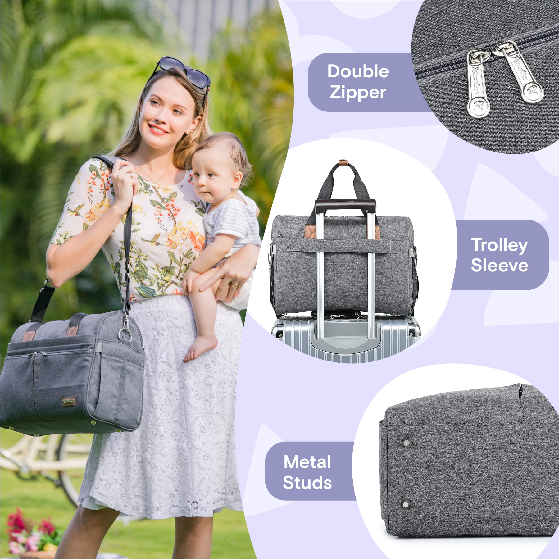 RUVALINO Diaper Bag Tote, Hospital Bags for Labor and Delivery, Multifunction Large Travel Weekender Overnight Bag for Mom and Dad, Convertible Baby Bag for Boy and Girls Gray