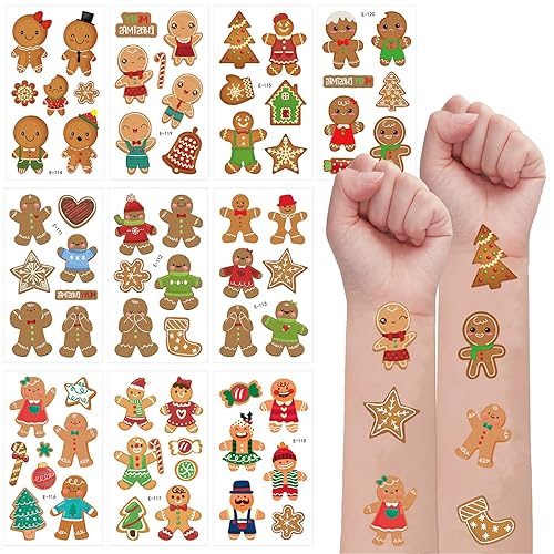 HOWAF 60+Pcs Christmas Gingerbread Temporary Tattoos Stickers for Kids,Funny Gingerbread Man Tattoos for Christmas Party Favor, Xmas Gingerbread Santa Claus Prizes Themed
