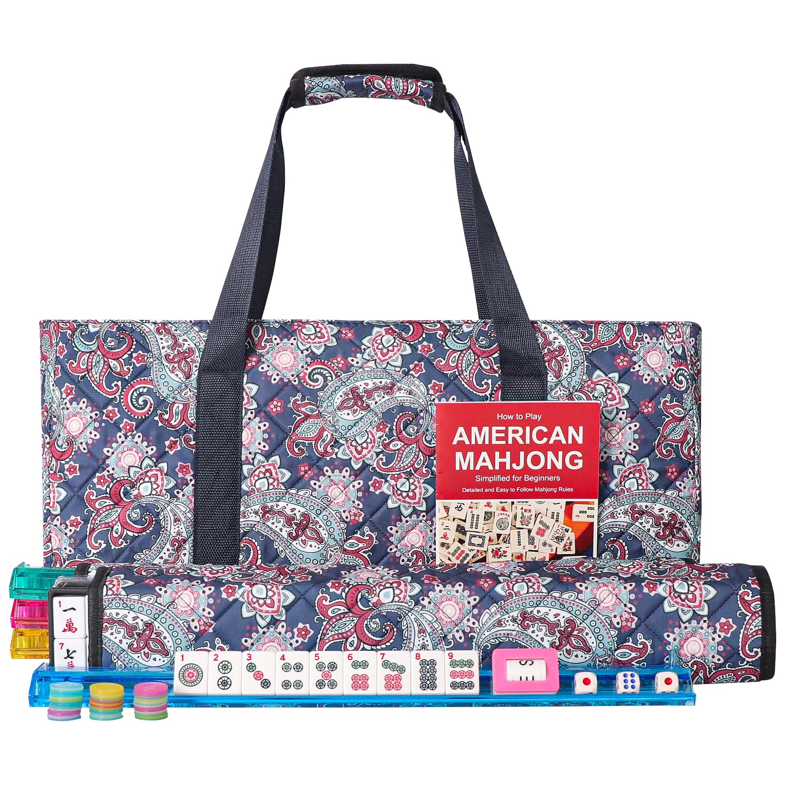 Photo 1 of (see all images) GUSTARIA American Mahjong Game Set, 166 White Tiles, 4 All-in-One Color Rack/Pushers, Complete Mahjong Tile Set, Printed Carrying Bag