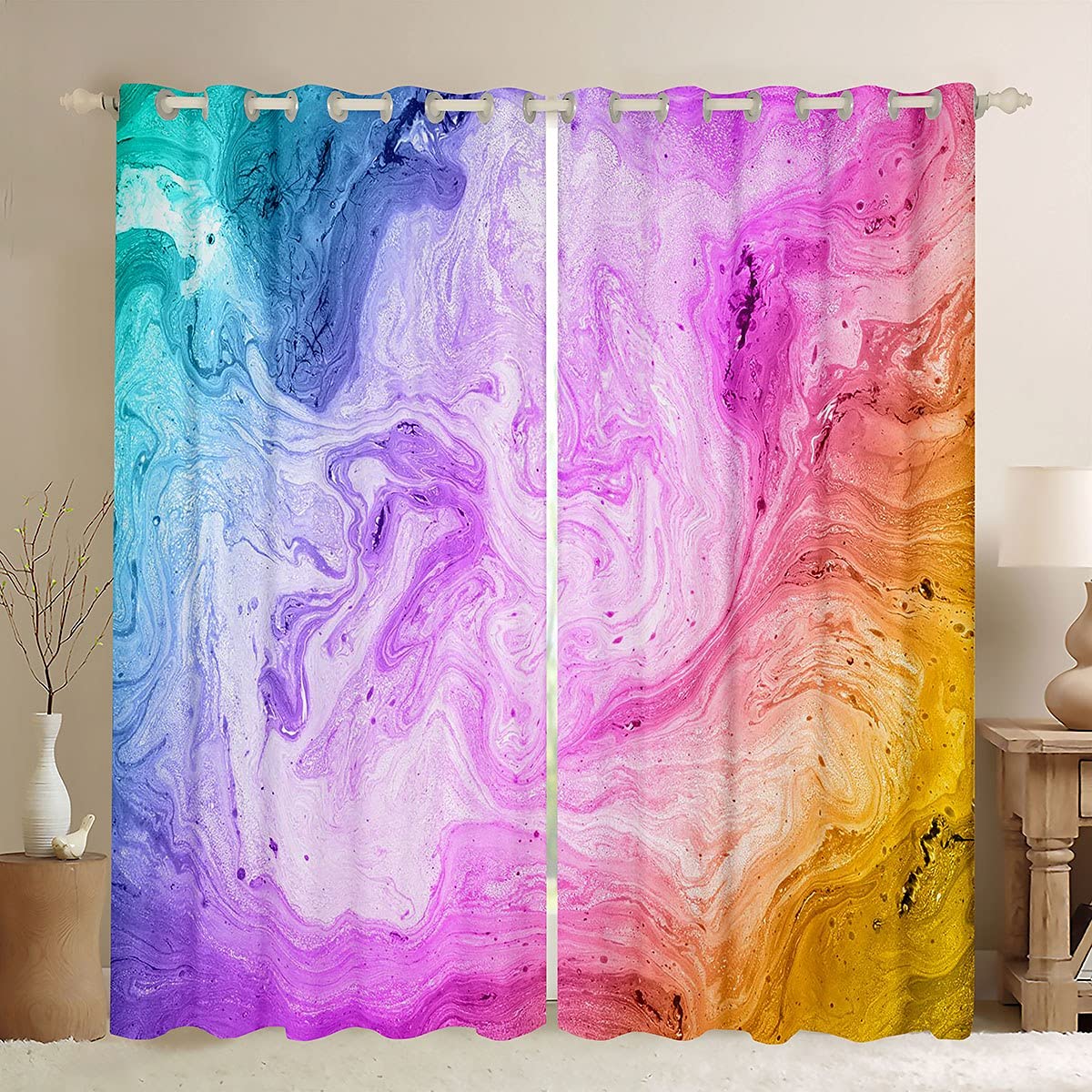 Homemissing Tie Dye Curtains For Teenage Girls Kids Marble Art Window Drapes Colorful Marble Window Curtains For Bedroom Pink Purple Blue Watercolor Treatments,W52*L63