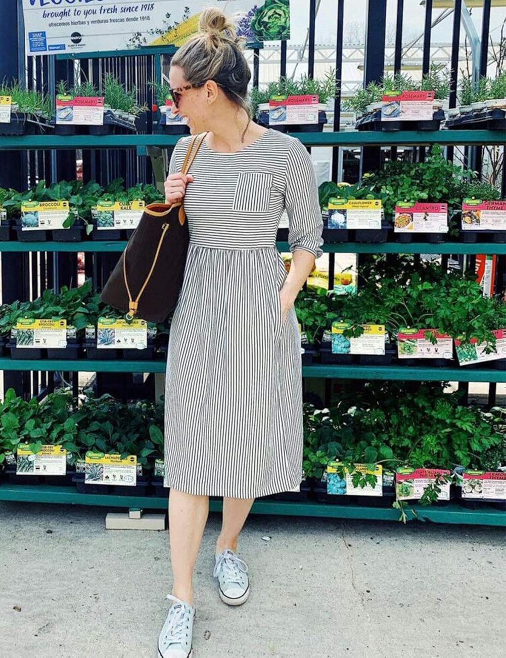MEROKEETY Women's 3/4 Balloon Sleeve Striped High Waist T Shirt Midi Dress with Pockets at  Women’s Clothing store