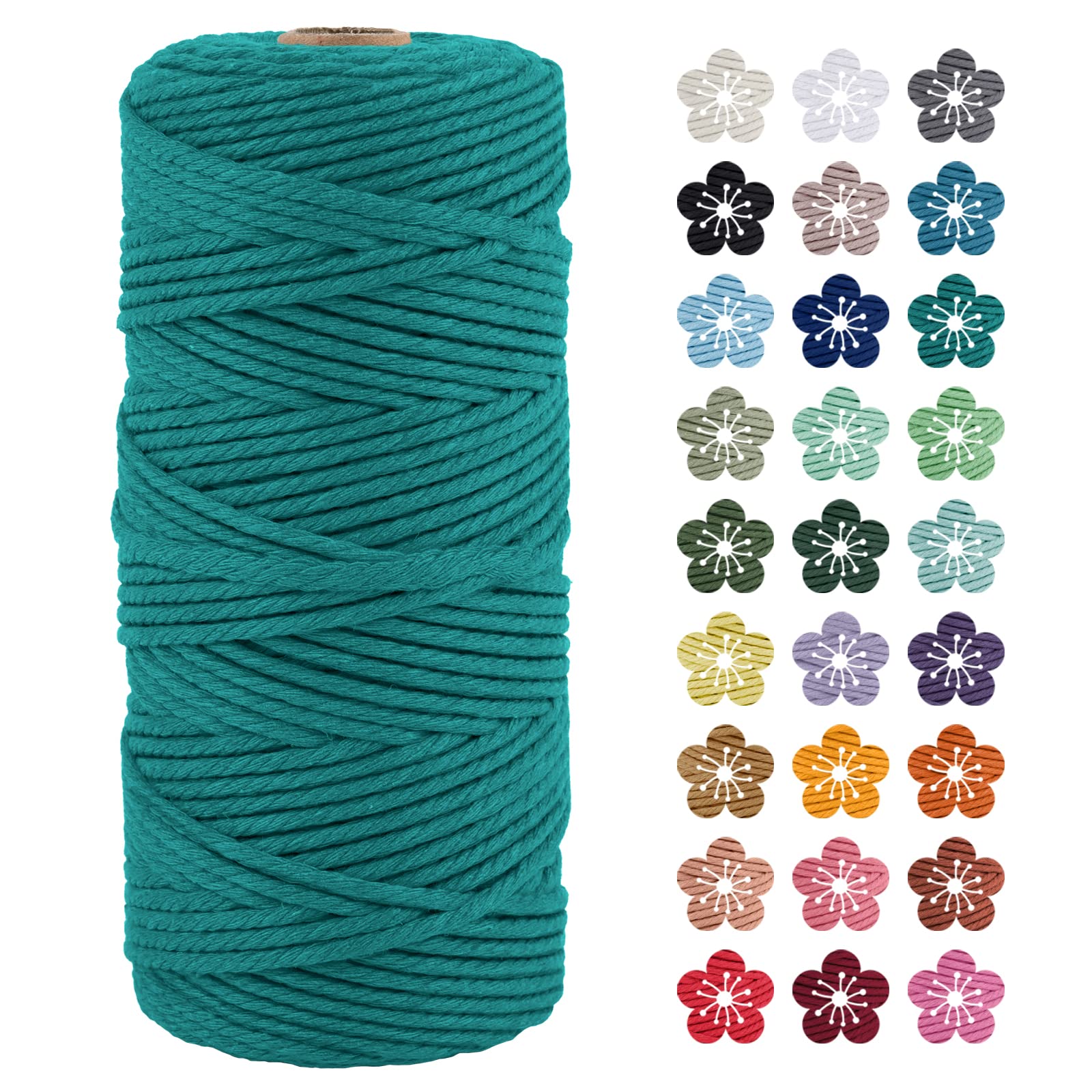LEREATI Macrame Cord 3mm x 100m, Thick Macrame Rope Natural Cotton Rope Craft String, 4 Strand Twisted Cotton Cord Yarn for DIY Plant Hanger, Wall Hanging, Christmas Decoration (Peacock blue)