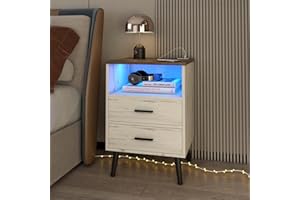 LVSOMT White Nightstand with Charging Station and USB Ports, LED Nightstands with Human Body Induction, Night Stand with Drawers for Bedroom, Modern Wood Bedside Table with Open Shelf and Metal Legs