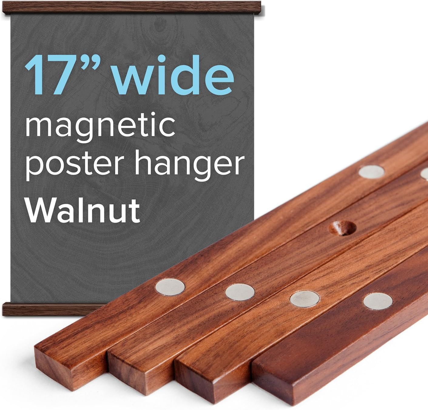 17” Wide Magnetic Poster Frame Hanger in Walnut – Solid Wood and Magnets Strong Enough to Hang Any Length