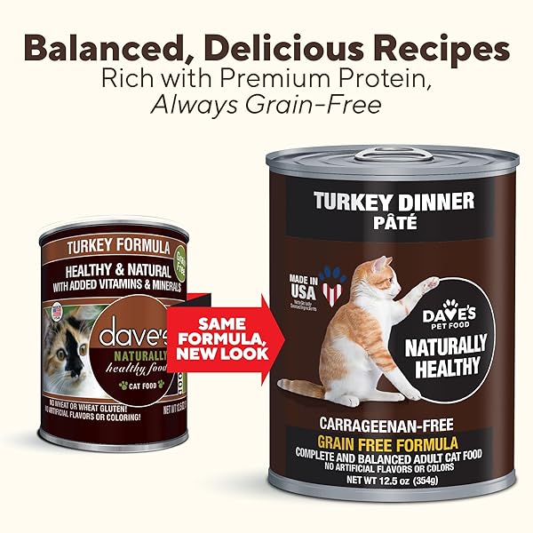 DAVE’S PET FOOD GRAIN FREE WET CANNED CAT FOOD (TURKEY), MADE IN USA NATURALLY HEALTHY, ADDED VITAMINS & MINERALS, GLUTEN-FREE, 12.5 OZ CANS