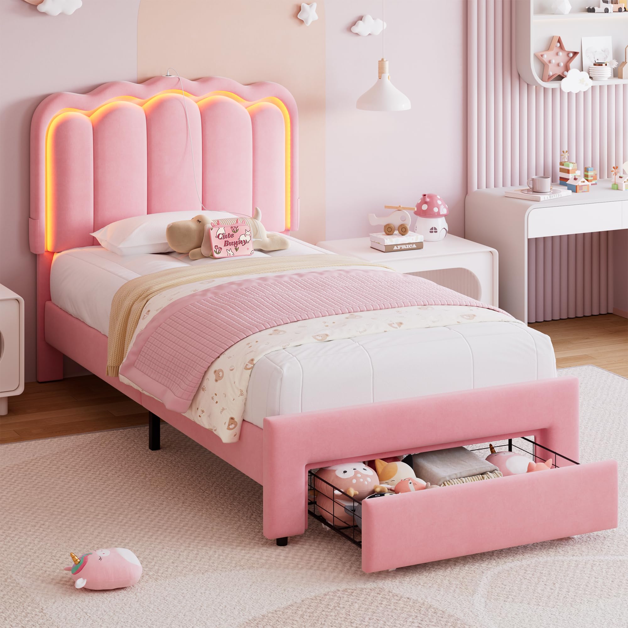 Photo 1 of Twin Upholstered LED Bed Frame with Storage Drawer and Adjustable Chic Double Wavy Headboard, Velvet Princess Platform Bed for Girls/Kids, Solid Wood Slats Support, No Box Spring Needed, Pink