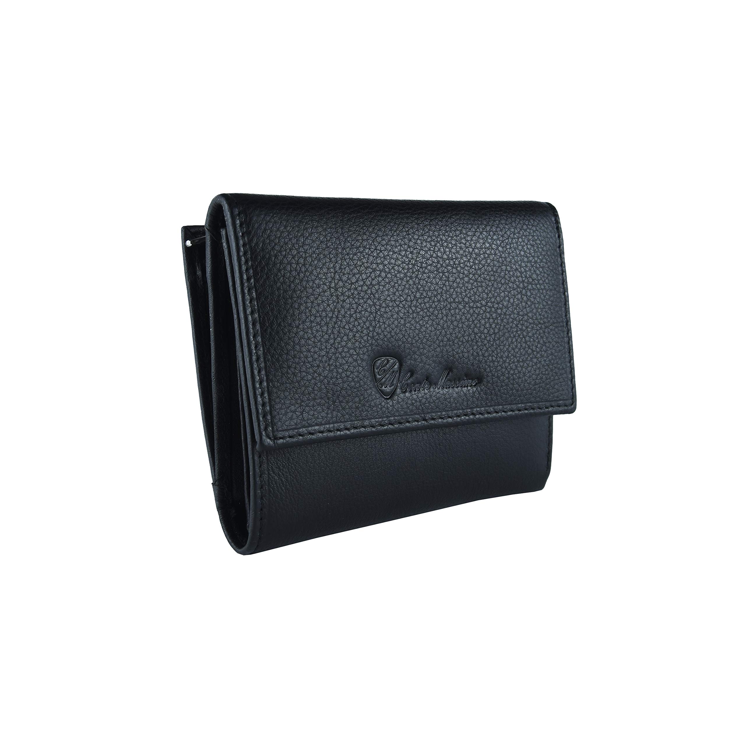 CM Conte Massimo Women's Genuine Leather Wallet - Compact Trifold Purse with Card Slots & Coin Pocket, Black