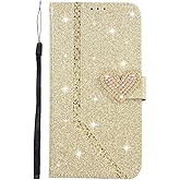 Guppy Compatible with iPhone 17 Pro Max Glitter Wallet Case for Women Luxury Bling Diamond Rhinestone Heart 2 Card Holder Wrist Strap PU Leather Slots Protective Case-Gold