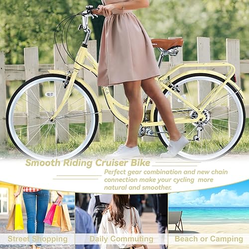 Beach Cruiser Women's Bike EISYROOD 26 Inch Beach Cruiser Bike For